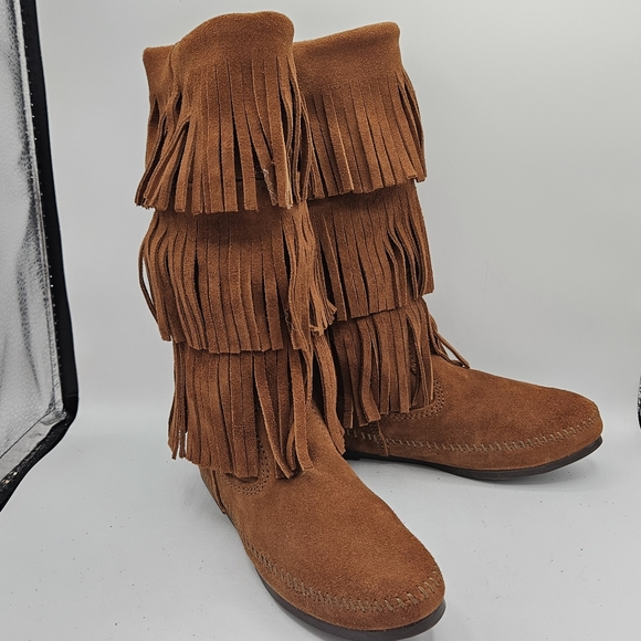 Minnetonka Calf Hi 3-layer leather Fringe western hippie moccasin Boot size 8 - Picture 2 of 16